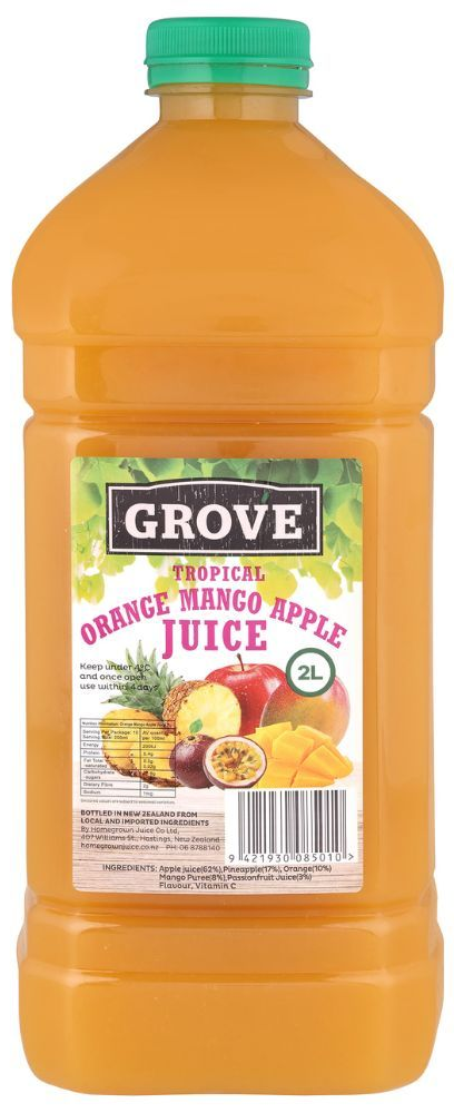 Bottle of Grove orange mango pineapple juice with green cap
