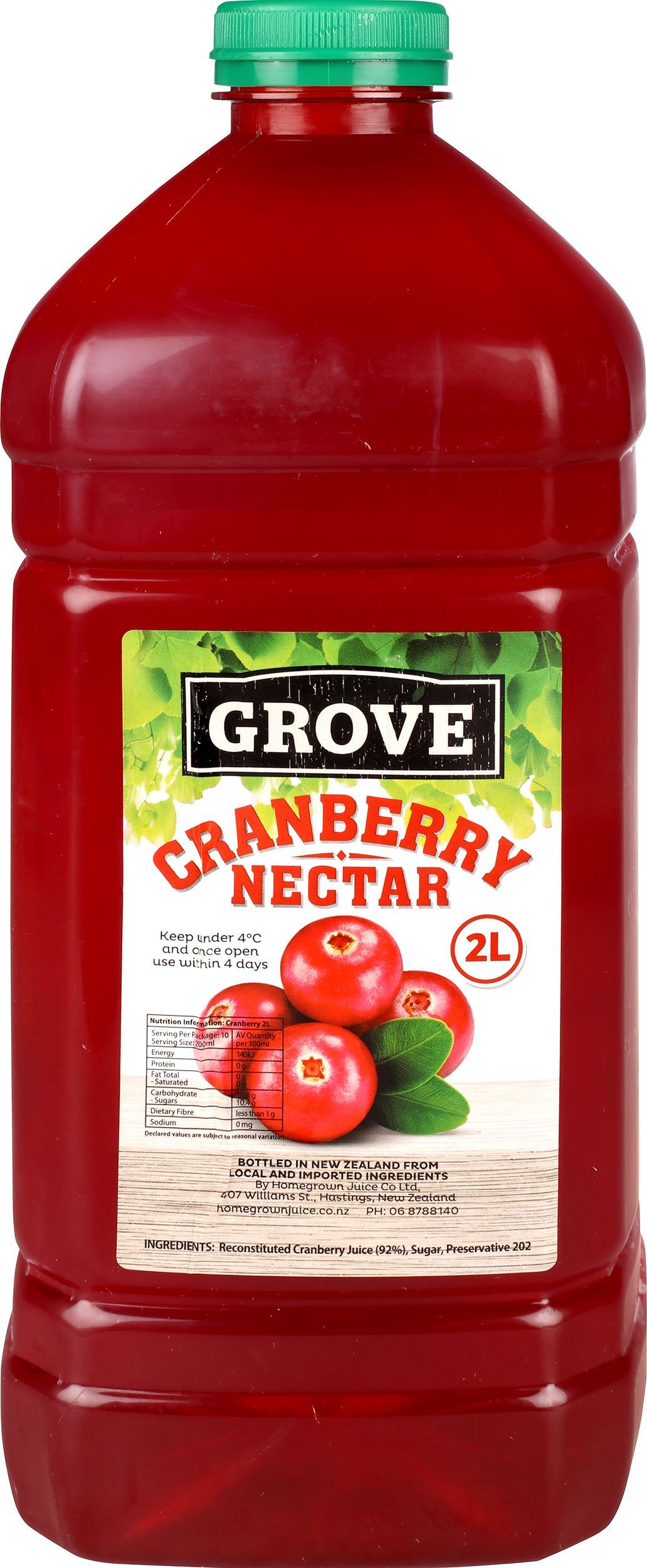 Bottle of Grove cranberry nectar with a green cap and red juice label