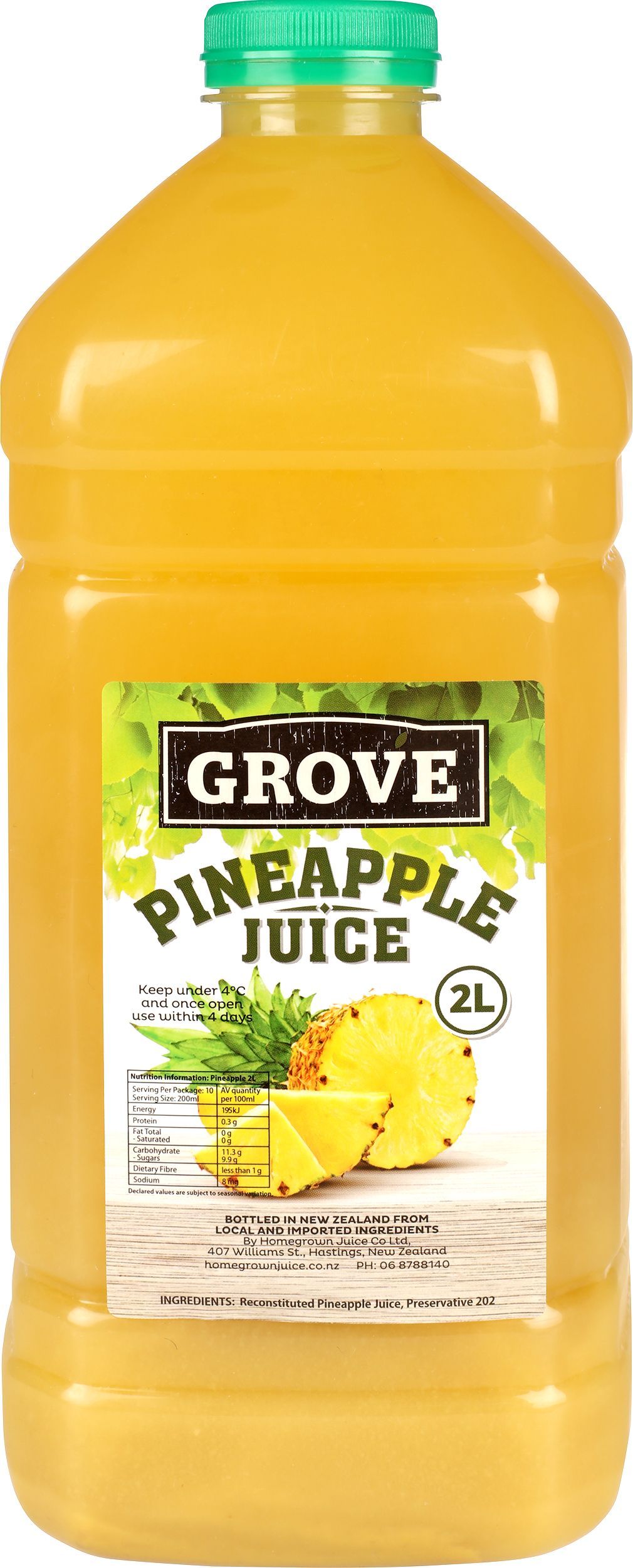 Bottle of Grove pineapple juice with green cap and yellow liquid, 2L label visible