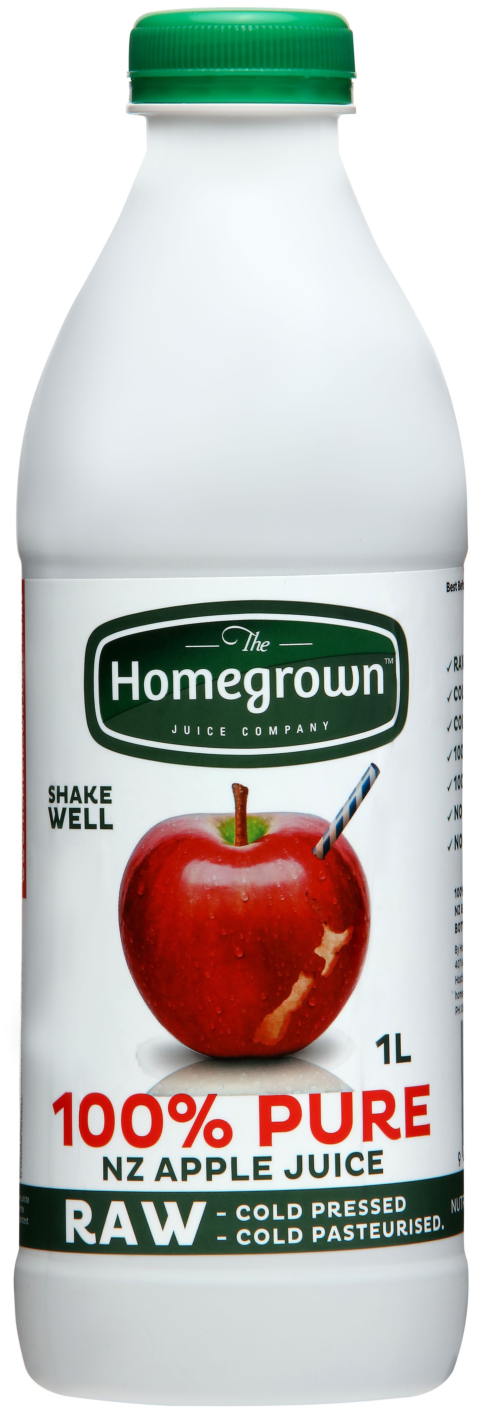 Bottle of Homegrown 100% pure raw red apple juice with a green cap and red apple label.