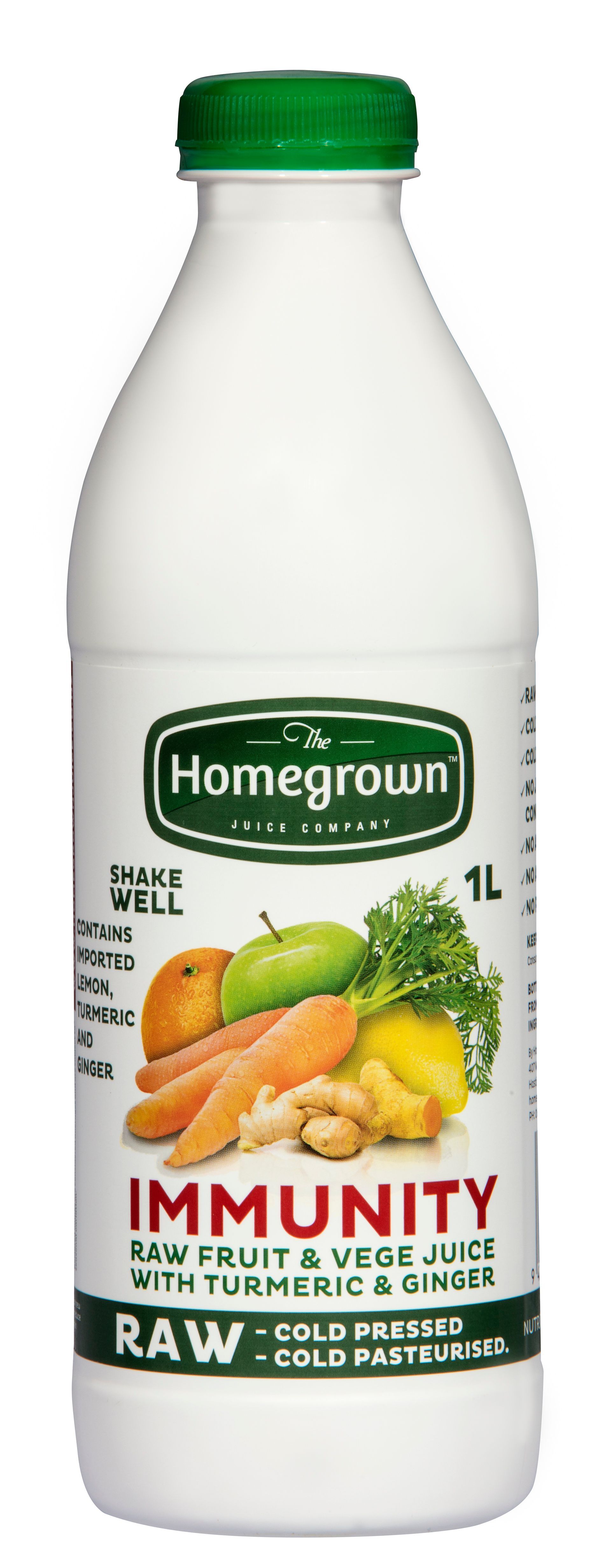 Bottle of Homegrown Immunity fruit and veggie raw milk with green cap and label