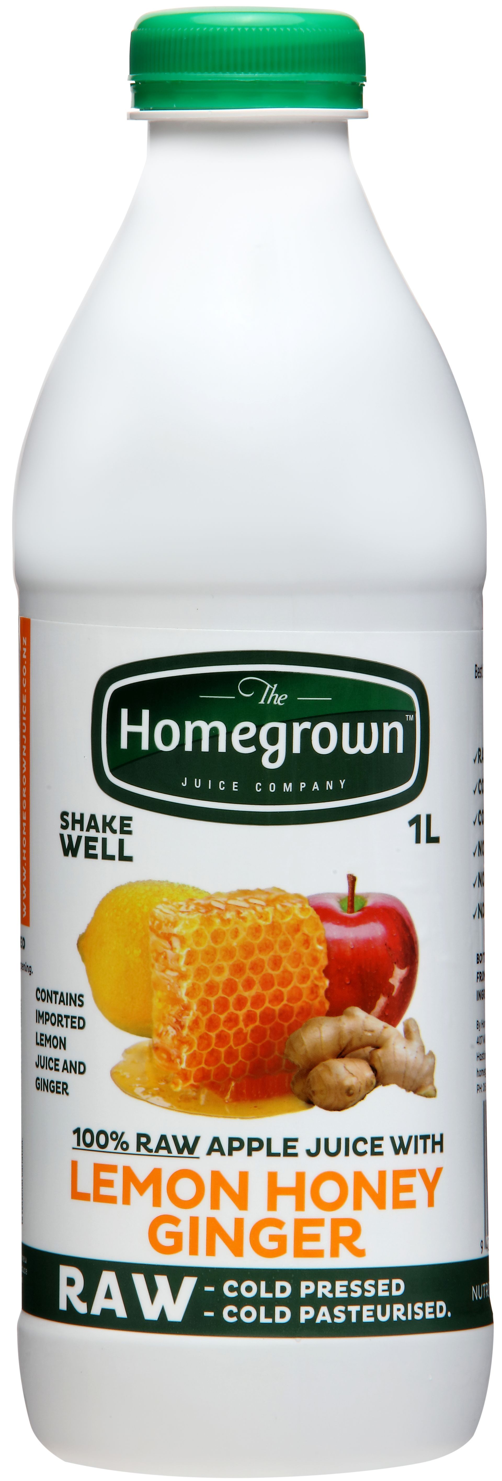 Bottle of Homegrown Lemon Honey Ginger apple juice with green cap and fruit images on the label