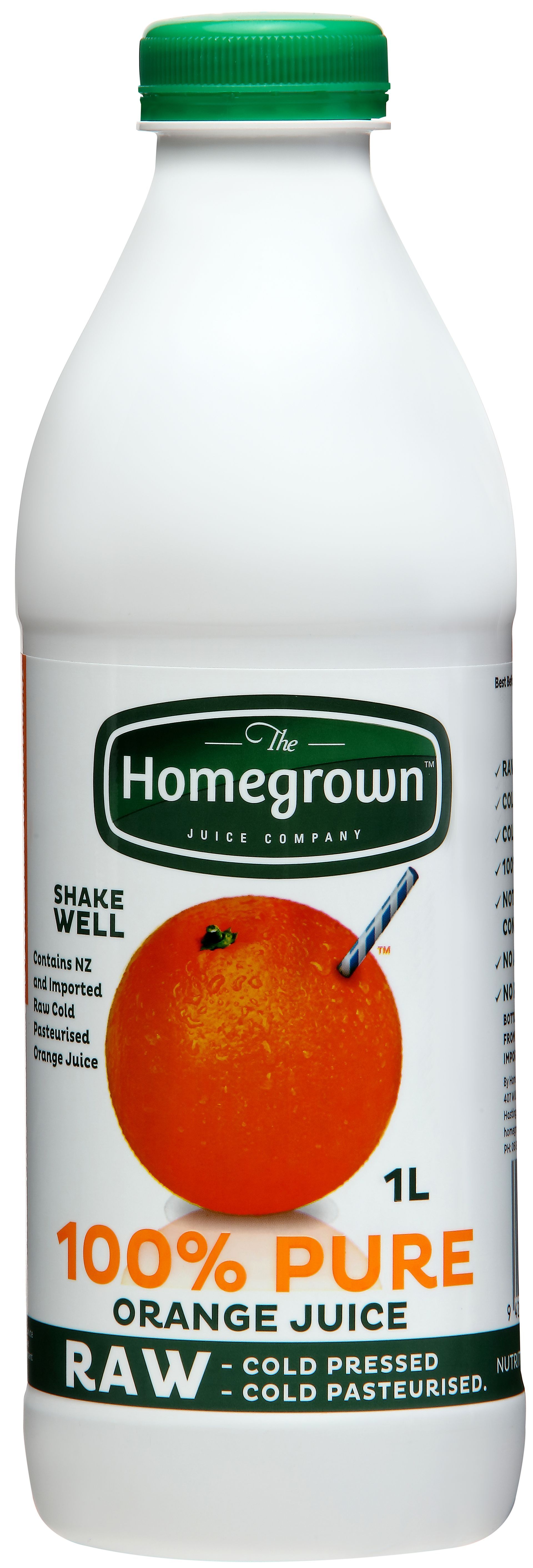 Homegrown 100% pure orange juice bottle with green cap and orange fruit label