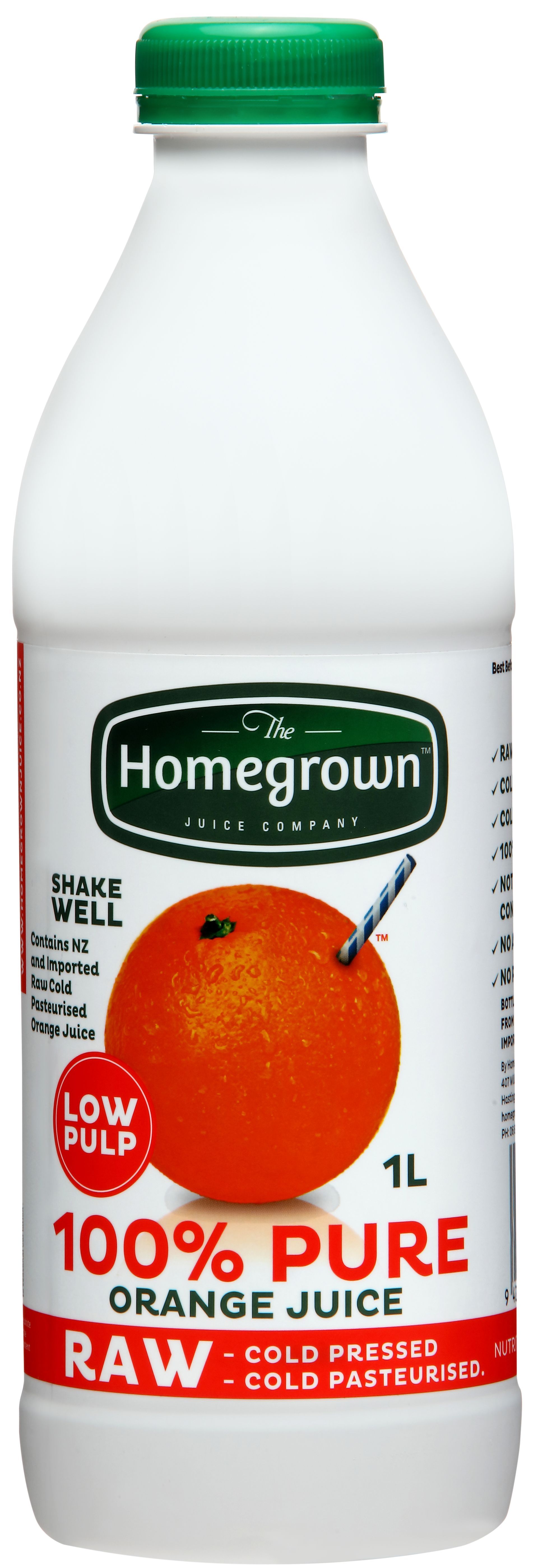 Bottle of Homegrown 100% pure orange juice with a green cap and orange label.