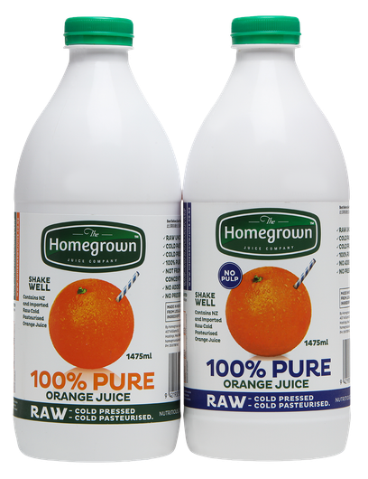 Two Homegrown 100% pure orange juice jugs with green caps, one raw and one orange juice