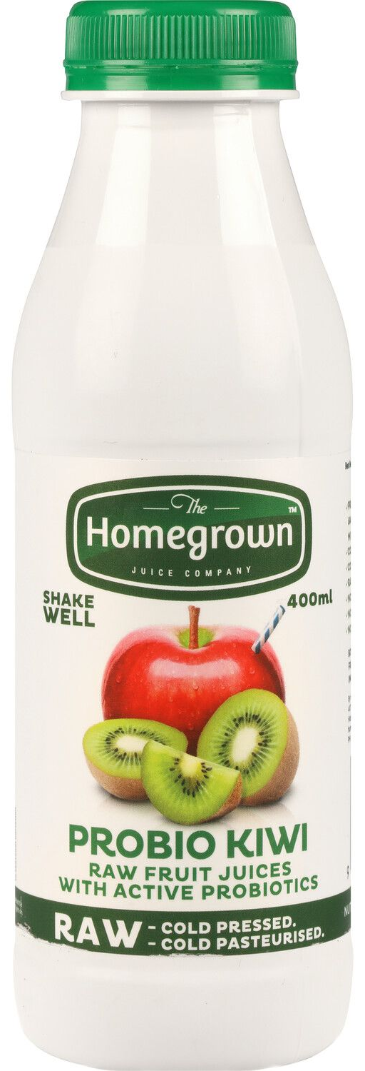 Bottle of Homegrown probiotic kiwi milk with a green cap and green apple-and-kiwi label.