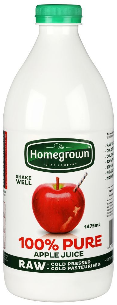 Bottle of Homegrown 100% Pure Apple Juice with a green cap and apple label