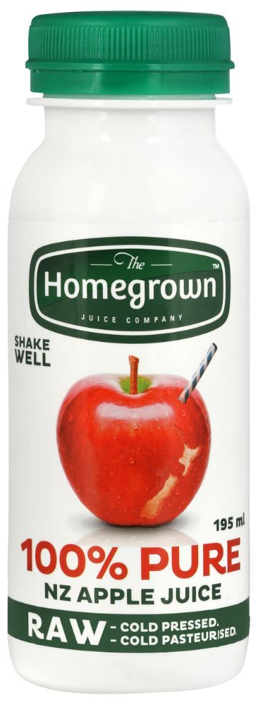 Homegrown 100% pure apple juice bottle with a green cap and red apple label