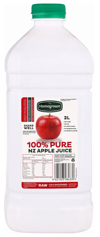 Bottle of 100% pure New Zealand apple juice with a green cap and red apple label