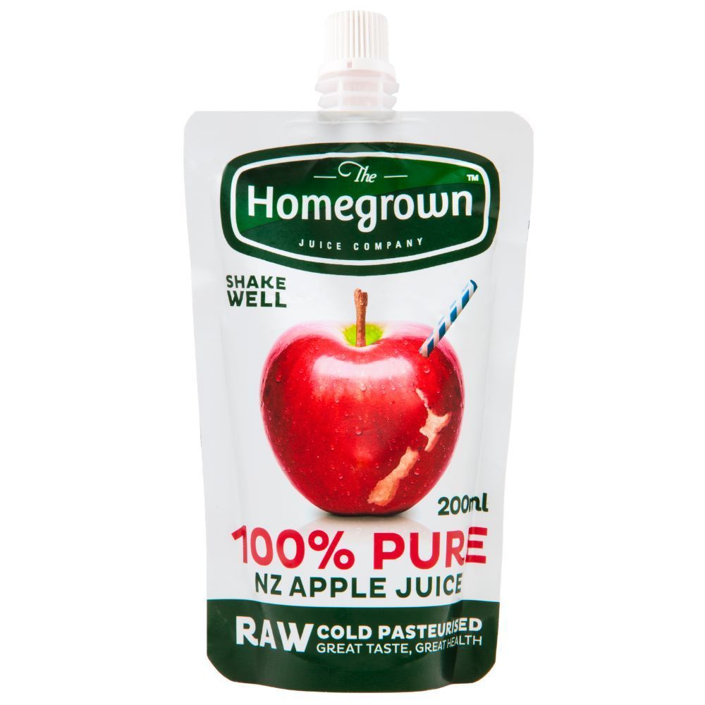 Homegrown NZ apple juice pouch with red apple and “100% pure” label