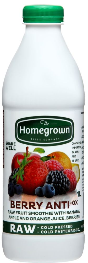 Bottle of Homegrown Berry Anti-X juice with green cap and berry label.
