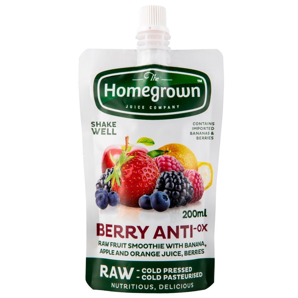 Homegrown Berry Anti-Ox smoothie pouch with strawberries, blueberries and raspberries, 200ml