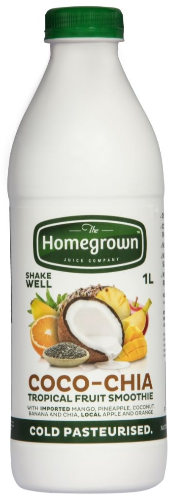 Bottle of Homegrown coconut-chia tropical fruit smoothie, white with green cap and label, cold pasteurized.