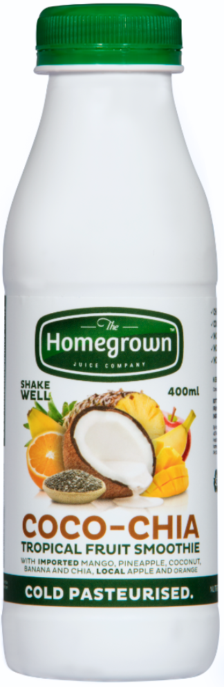 Bottle of Homegrown coco-chia tropical fruit smoothie with white label and green cap
