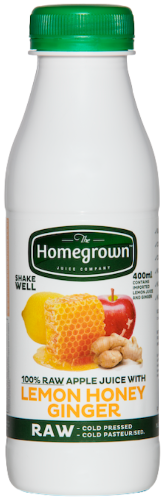Bottle of Homegrown Lemon Honey Ginger wellness shot with green cap and label, featuring lemon, honey, and ginger.