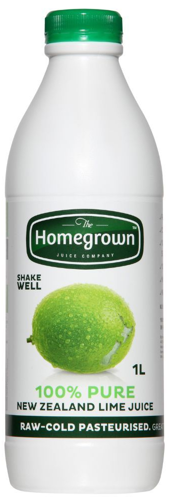 Bottle of Homegrown 100% pure New Zealand lime juice with a green cap and lime graphic
