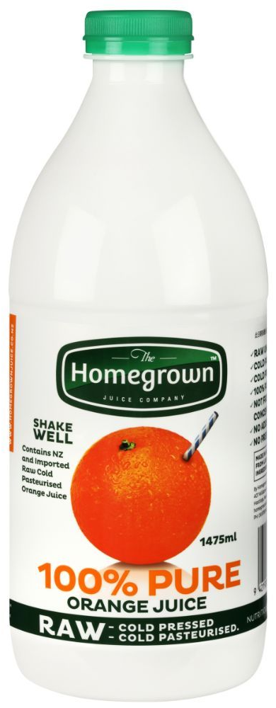Bottle of Homegrown 100% Pure Orange Juice with green cap and label showing an orange