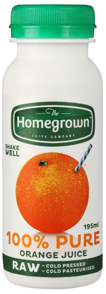 Homegrown 100% pure orange juice bottle with green cap and label showing an orange.
