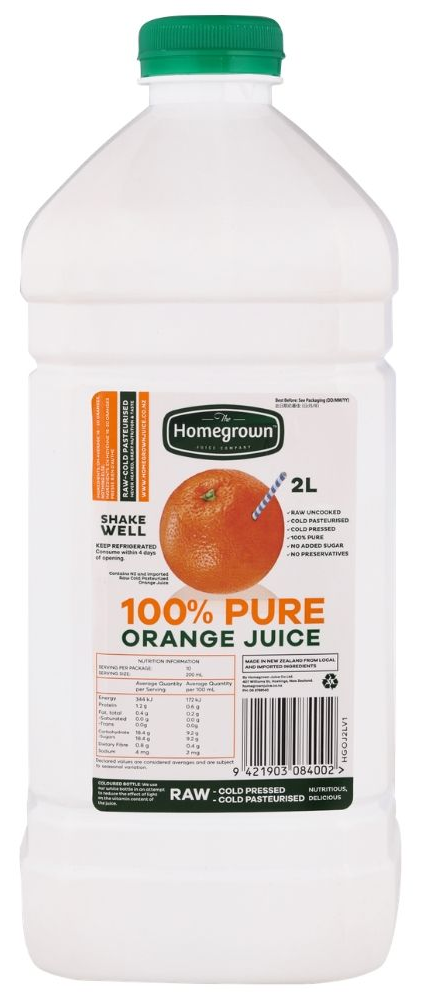 A large white jug of 100% pure orange juice with a green cap and label.