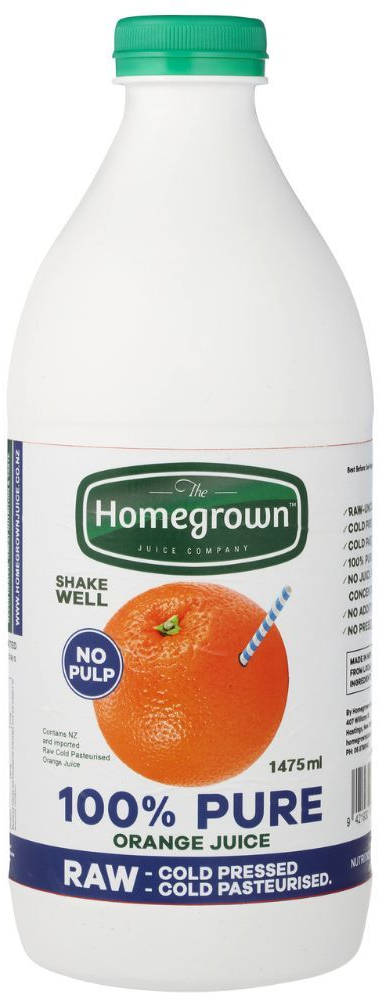 Bottle of Homegrown 100% pure orange juice with a green cap and orange graphic label