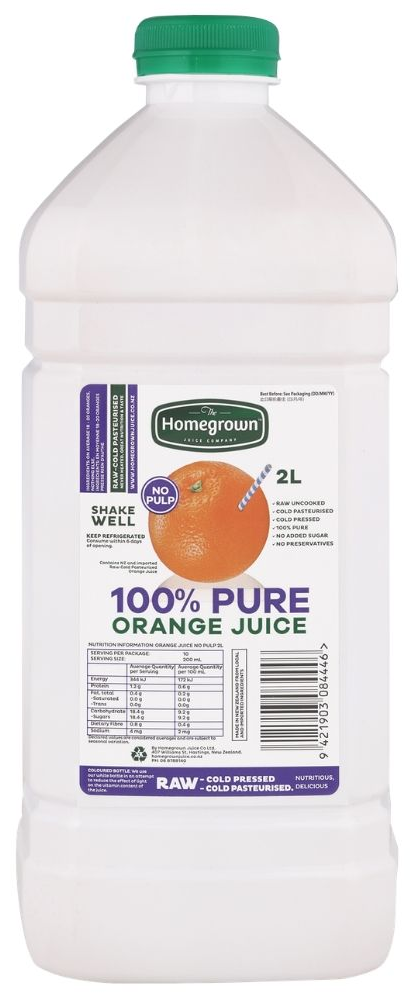 Jug of 100% pure orange juice with green cap and white label