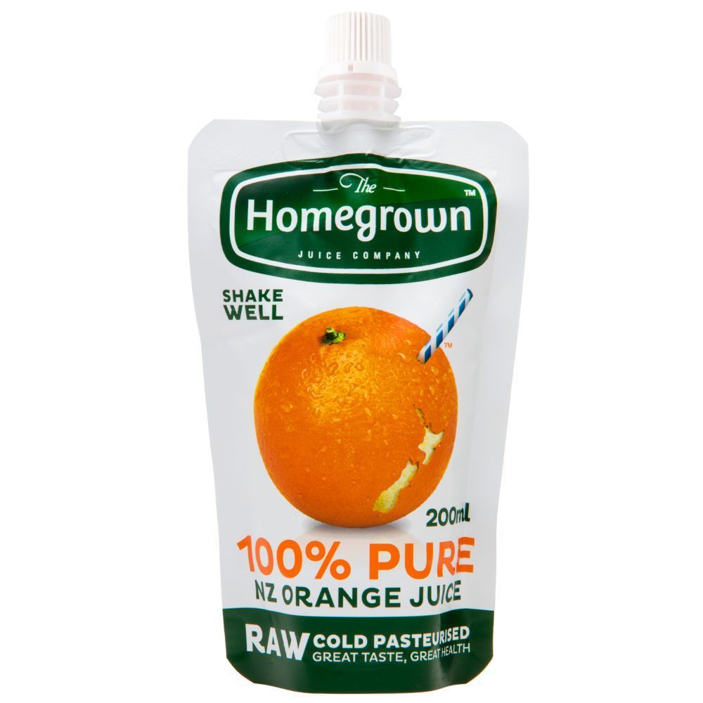 Homegrown 100% pure orange juice pouch with orange graphic on white background
