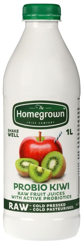 Bottle of Homegrown raw probiotic kiwi kefir with a green cap and kiwi image on the label