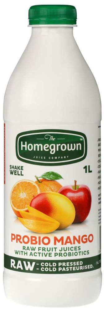 Bottle of Homegrown Probio Mango raw cold-pressed fruit drink with green cap and mango graphic