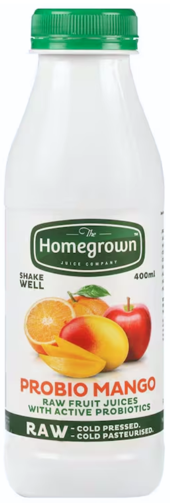 Bottle of Homegrown probiotic mango raw cultured drink with green cap and mango fruit image