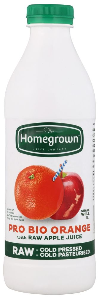 Homegrown Pro Bio Orange raw apple juice bottle with green cap and orange-red fruit label