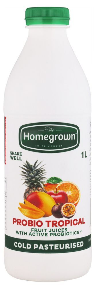 Homegrown probiotic tropical drink bottle with green cap and fruit label, cold pasteurised, 1L
