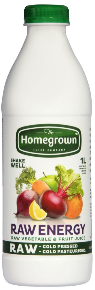 Homegrown Raw Energy drink bottle with fruit label and green cap