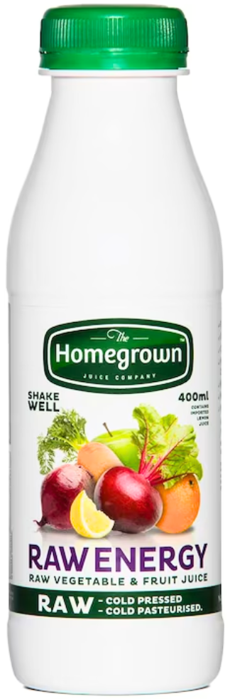White bottle of Homegrown Raw Energy drink with green cap and fruit label.