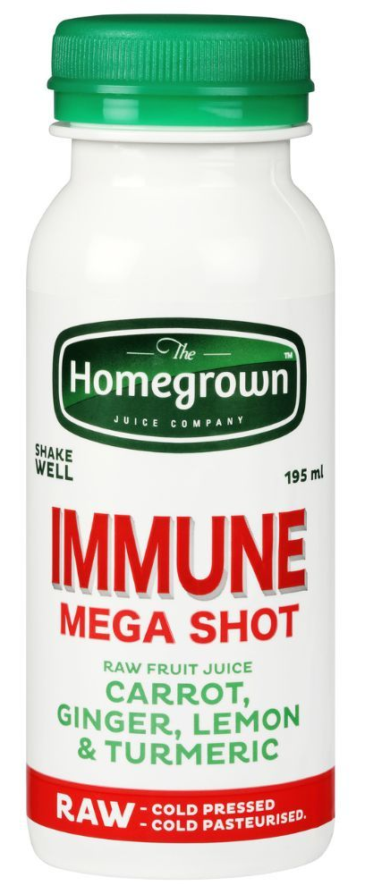 Bottle of Homegrown Immune Mega Shot with carrot, ginger, lemon and turmeric, white label and green cap