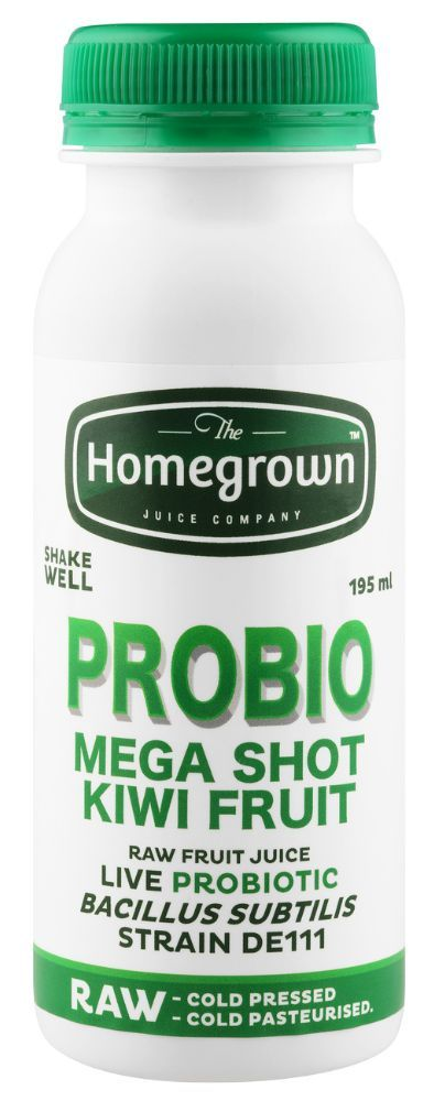 Homegrown probiotic kiwi fruit shot bottle with green cap and label on white background