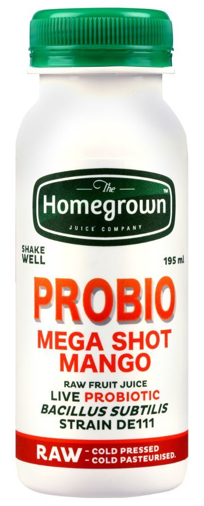 Homegrown Probio Mega Shot mango probiotic drink bottle with green cap and white label