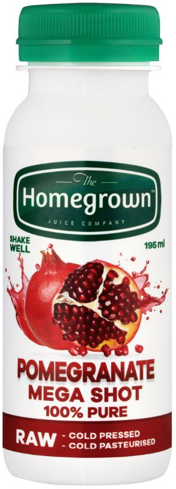 Homegrown Pomegranate Mega Shot juice bottle with green cap and red pomegranate splash label