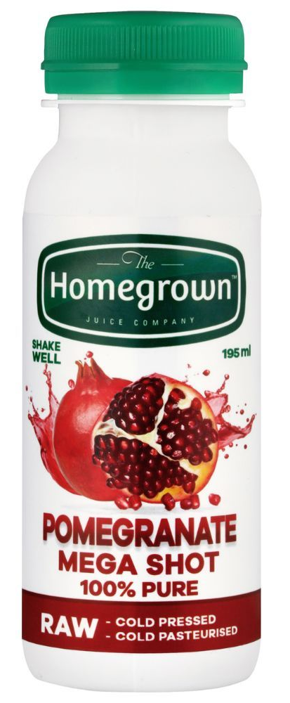 Homegrown Pomegranate Mega Shot bottle with green cap and red pomegranate splash design