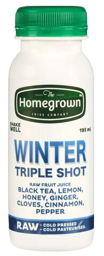 Homegrown Winter Triple Shot drink bottle with green cap and white label