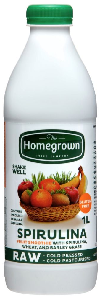 White bottle of Homegrown spirulina drink with green cap and strawberry label on a plain background