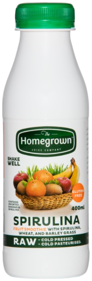 White bottle with green cap labeled Homegrown Spirulina raw cold-pressed juice and fruit image