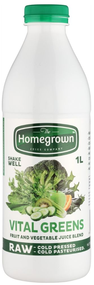 Bottle of Homegrown Vital Greens juice with green cap and white label