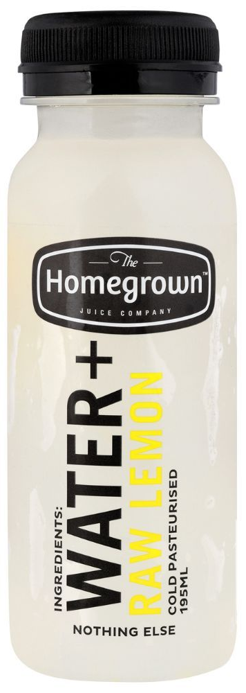 Homegrown Water+ Raw Lemon electrolyte drink bottle with black cap and yellow label
