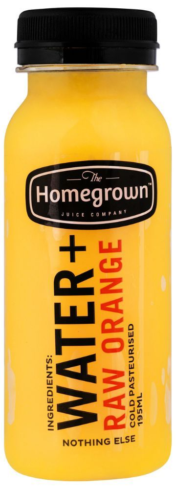 Homegrown Water+ raw orange drink bottle with black cap and bright orange liquid