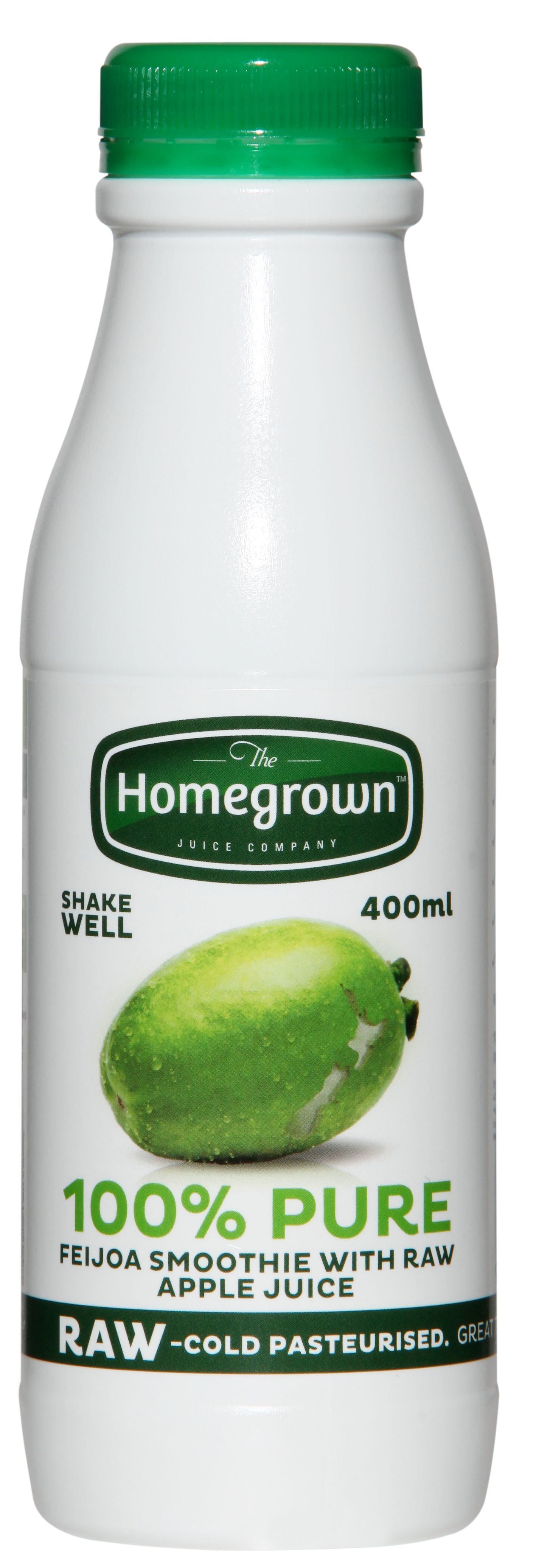 Green-capped Homegrown 100% Pure white grape juice bottle with a green grape image on the label
