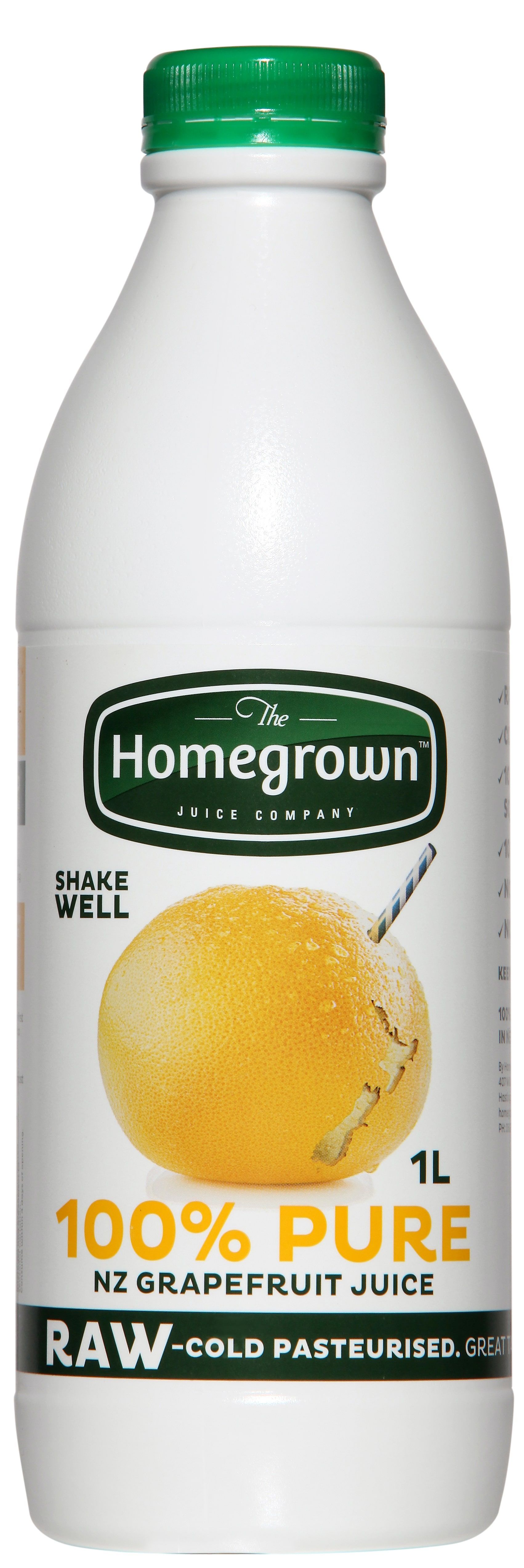 Homegrown bottled orange juice, 100% pure cold-pressed, in a white bottle with green cap.