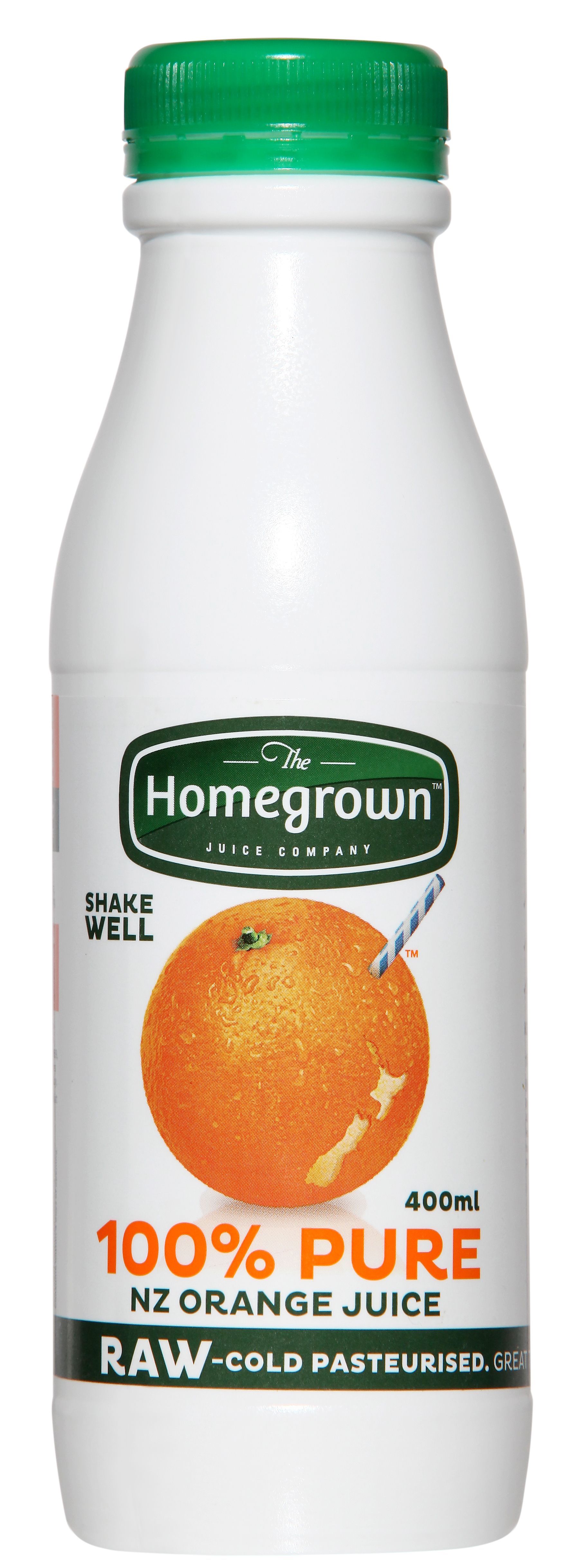 Bottle of Homegrown 100% pure orange juice with a green cap and orange label