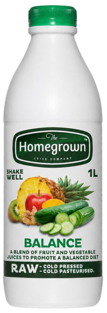 Homegrown Balance raw fruit and vegetable juice bottle, 1L, white with green cap and label