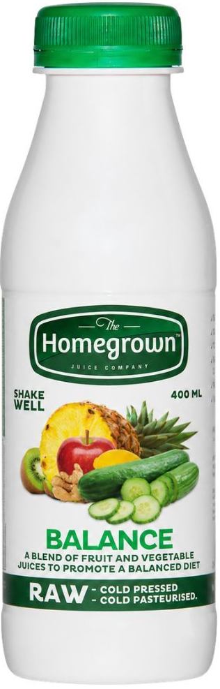 Bottle of Homegrown Balance raw vegetable juice with a green cap and vegetable image on the label