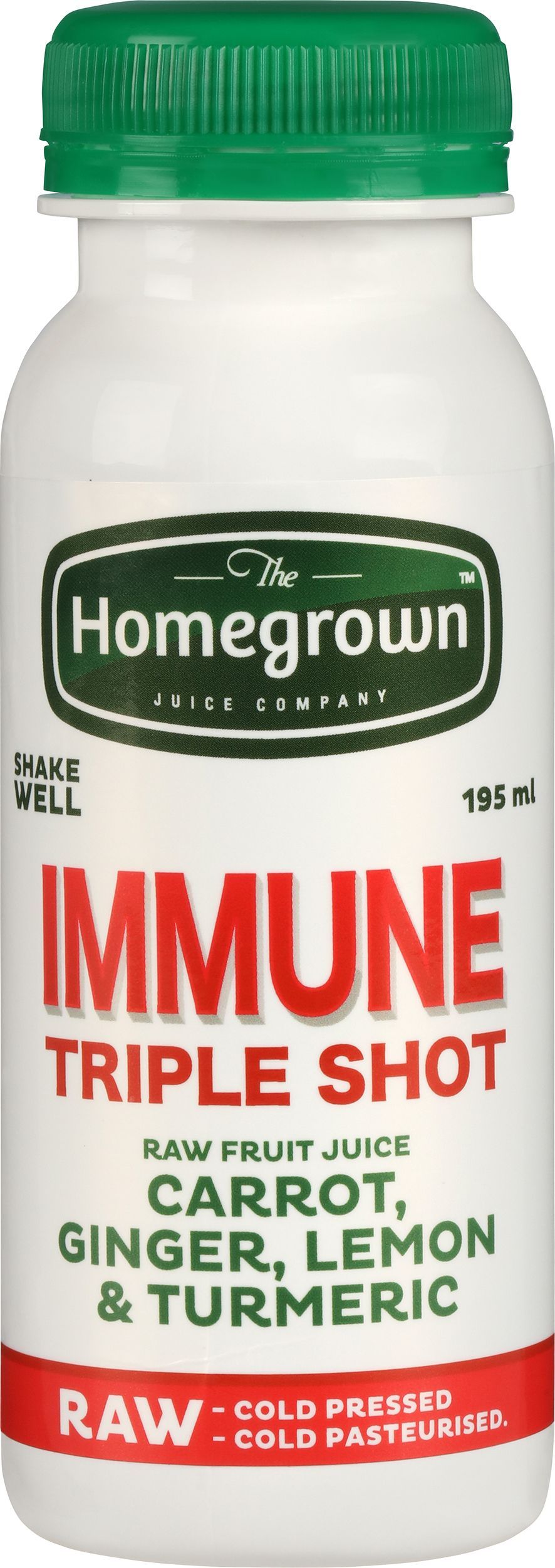 Homegrown Immune Triple Shot juice bottle with green cap and white label, featuring carrot, ginger, lemon, and turmeric.